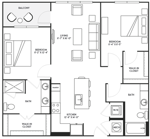 Floor plan for 2 beds, 2 baths, 1114 sqft